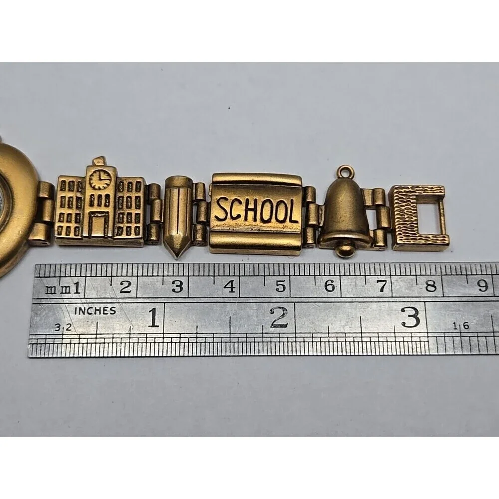 Teacher Apple Bracelet Watch Schoolhouse Charm Gold Tone Quartz New Battery Cute